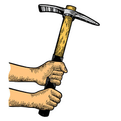 Hands with pick pickaxe tool color sketch engraving PNG illustration. Scratch board style imitation. Black and white hand drawn image.
