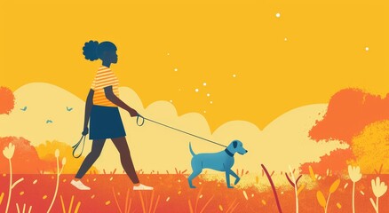 ilustración de mujer paseando perro - obrazy, fototapety, plakaty