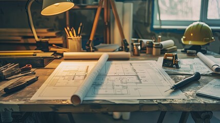 Construction Blueprint on Desk, Suitable for architectural bureaus, construction engineers, and design companies. The background can depict drafting tools and sheets with construction plans on a desk.