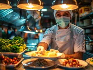 Chef wearing a mask and gloves serves a plate of food
