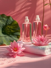 Two clear bottles of water with a white towel and pink flowers