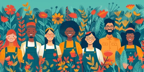 Group of diverse people standing together in a garden