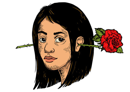 recommend clip art: Sexy beauty girl with rose in her ear vintage color sketch engraving PNG illustration. Scratch board style imitation. Black and white hand drawn image.