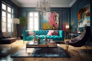 Stylish interior of living room in modern house in Kitsch style.