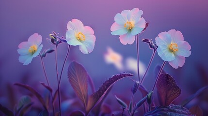 Wild primrose, deep purple matte background, wildflower conservation magazine cover, serene twilight lighting, eyelevel shot