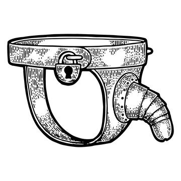recommend clip art: Male Chastity belt medieval torture device sketch engraving PNG illustration. Scratch board style imitation. Hand drawn image.