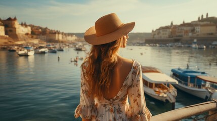 Blonde woman in a straw hat looking at the harbor - obrazy, fototapety, plakaty
