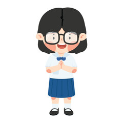 Kid girl student with glasses greeting sawasdee