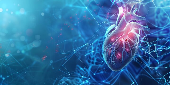 A digital illustration of a human heart with a glowing network of connections.