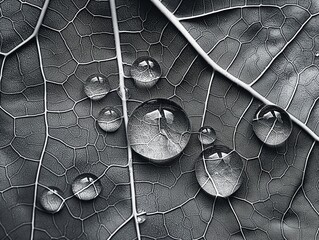 Close-up of water droplets on a monochrome leaf texture.