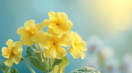 Bright yellow primrose, soft sky blue background, spring gardening magazine cover, crisp morning light, central focus