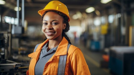 Black woman wearing hardhat in factory