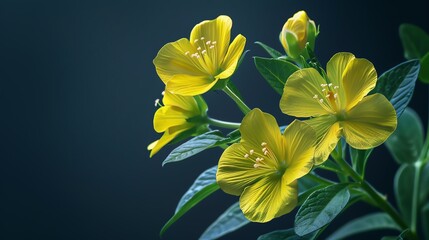 Evening primrose, dark navy background, health and herbal magazine cover, soft side lighting, frontal perspective