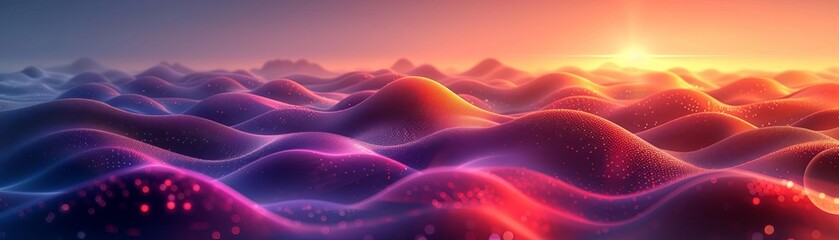 Create a digital painting of a mountain landscape at sunset. The colors should be vibrant and saturated. The mood should be peaceful and serene.