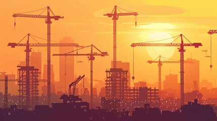 Construction Site with Cranes, Ideal for companies dealing with construction equipment and construction services. The background can depict multiple working cranes at an active construction site.
