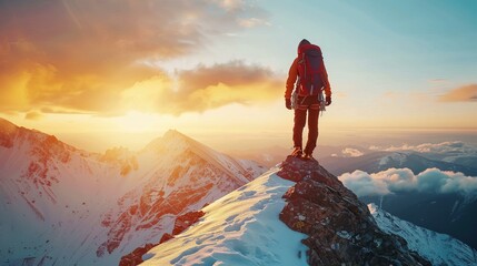 Mountaineer on the summit of a mountain watching the sunset - obrazy, fototapety, plakaty