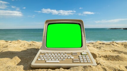 computer with green screen - 801255745