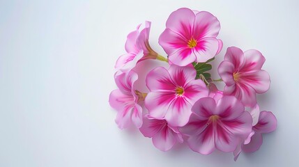 Pink primrose bouquet, minimalist white background, floral arrangement magazine cover, soft diffused lighting, perfectly centered