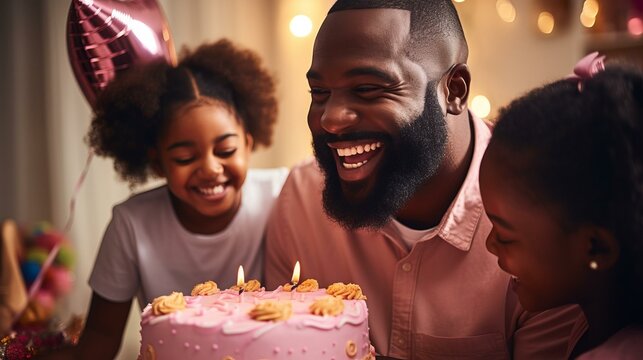 Happy African American family celebrating birthday with cake - Powered by Adobe