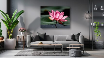 Pink water lily, minimalist grey background, modern home decor magazine cover, soft diffused lighting, perfectly centered
