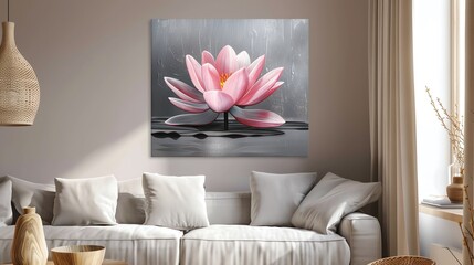 Pink water lily, minimalist grey background, modern home decor magazine cover, soft diffused lighting, perfectly centered