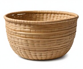 A woven basket made of natural fibers, with a round, bowl-like shape and a tight, intricate weaving pattern. The color of the fibers is a light, natural tan shade.