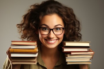 A young woman with curly hair is holding two stacks of books and smiling.
