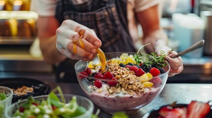 A barista crafting a colorful layered smoothie bowl, topped with granola, fresh fruit, and a drizzle of honey for a nutritious and Instagram-worthy breakfast option - Powered by Adobe