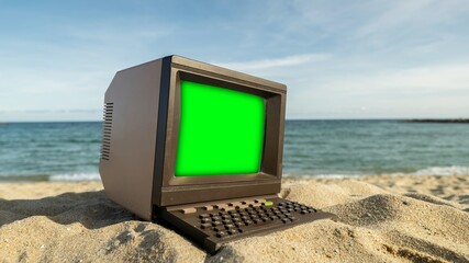 computer with green screen - 801256195