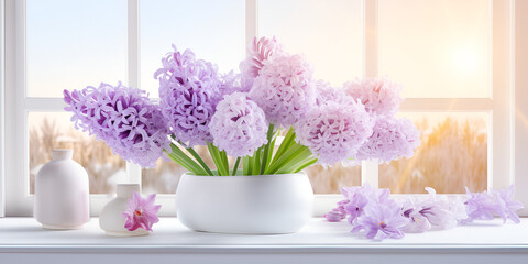 beautiful bouquet of lilac flowers arranged and some flower spread out of vase front of window in background 