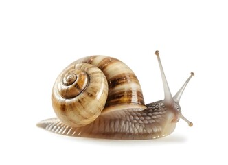 A close-up of a snail with a spiral shell, sitting on a surface