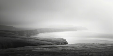 Black and white photo of a foggy seascape - obrazy, fototapety, plakaty