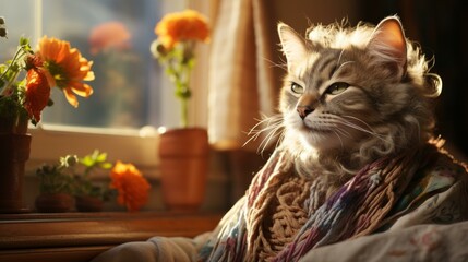 A cute cat wearing a scarf is sitting in front of a window - obrazy, fototapety, plakaty