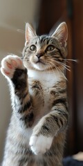 A cute tabby cat reaching out with its paw