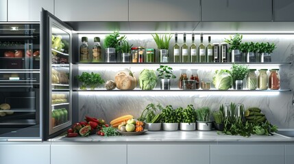Modern Kitchen with Open Refrigerator and Fresh Food