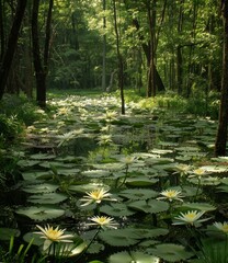 Obraz premium Mystical and magical lily pond in the middle of a dense forest