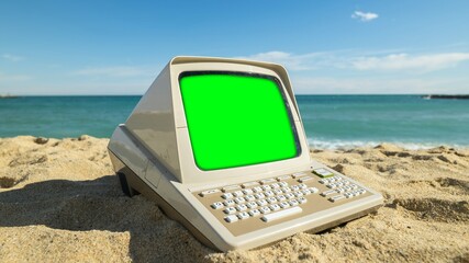 computer with green screen - 801256756