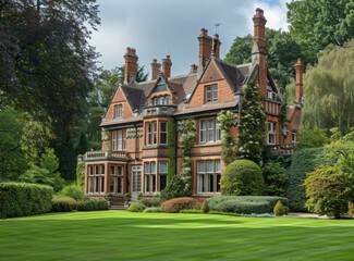 A large red brick house with a lot of windows and a big lawn in front