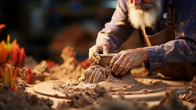 A potter is carefully working on a clay pot on a pottery wheel in his studio.