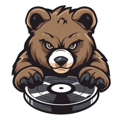 A stylized cartoon illustration of a bear with an intense expression, using its paws to DJ with a vinyl record turntable - AI Generated Digital Art