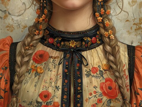 Reimagined traditional bunad details in close up, focusing on texture and color contrasts for Constitution Day.