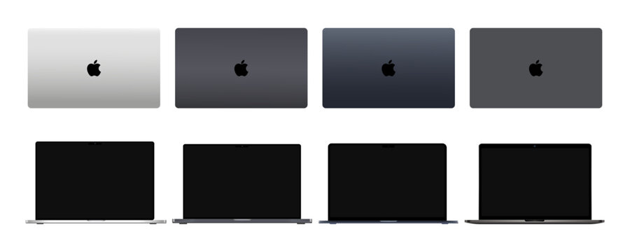 Rivne, Ukraine - April 30, 2024: New Apple Macbook Air 15 Pro model with M2 Mach and M2 Pro processor. Set of colors. Vector 10 eps.