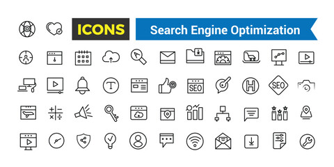 SEO Outline Web Icons Set - Search Engine Optimization, Thin Line Web Icon Collection, Icon collection. Editable vector illustration.