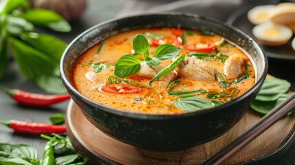 A bowl of fragrant Thai soup garnished with fresh herbs and sliced chili peppers, inviting viewers to savor the complex flavors of Thai cuisine.