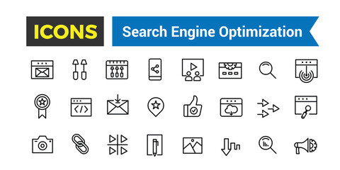 SEO Outline Web Icons Set - Search Engine Optimization, Thin Line Web Icon Collection, Icon collection. Editable vector illustration.