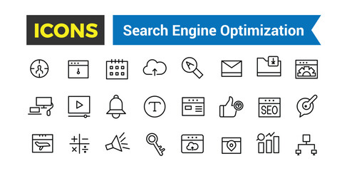 SEO Outline Web Icons Set - Search Engine Optimization, Thin Line Web Icon Collection, Icon collection. Editable vector illustration.