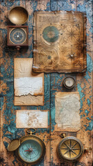 screenshot of maritime items on a wooden table including a compass, astrolabe, blank map, and