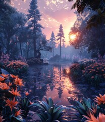 Misty Forest Lake Sunset - obrazy, fototapety, plakaty