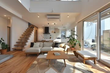 Fototapeta premium Bright and Airy Japanese Living Room With High Ceiling
