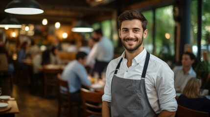 Obraz premium Portrait of a happy male waiter in a restaurant